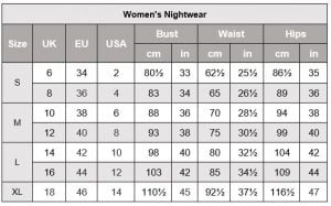 Women's Silk Nightwear - General Size Guide